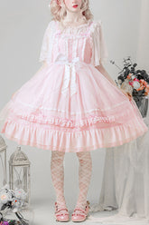 Robe JSK Sweet Lolita à volants multi-couches taille haute en chiffon rose